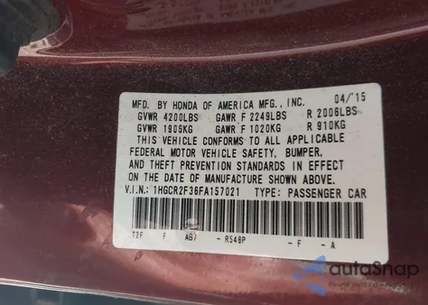 2015 Honda Accord Lx из США, поврежденный, VIN 1HGCR2F36FA157021